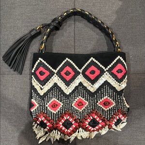 Tory Burch Black and Pink Shoulder Bag with Geometric Patterns